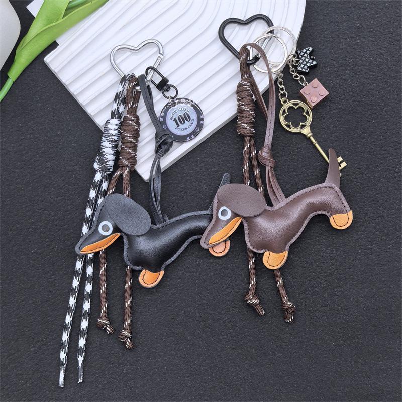 Leather Cartoon Dachshund Keychain with Woven Rope Pendant
