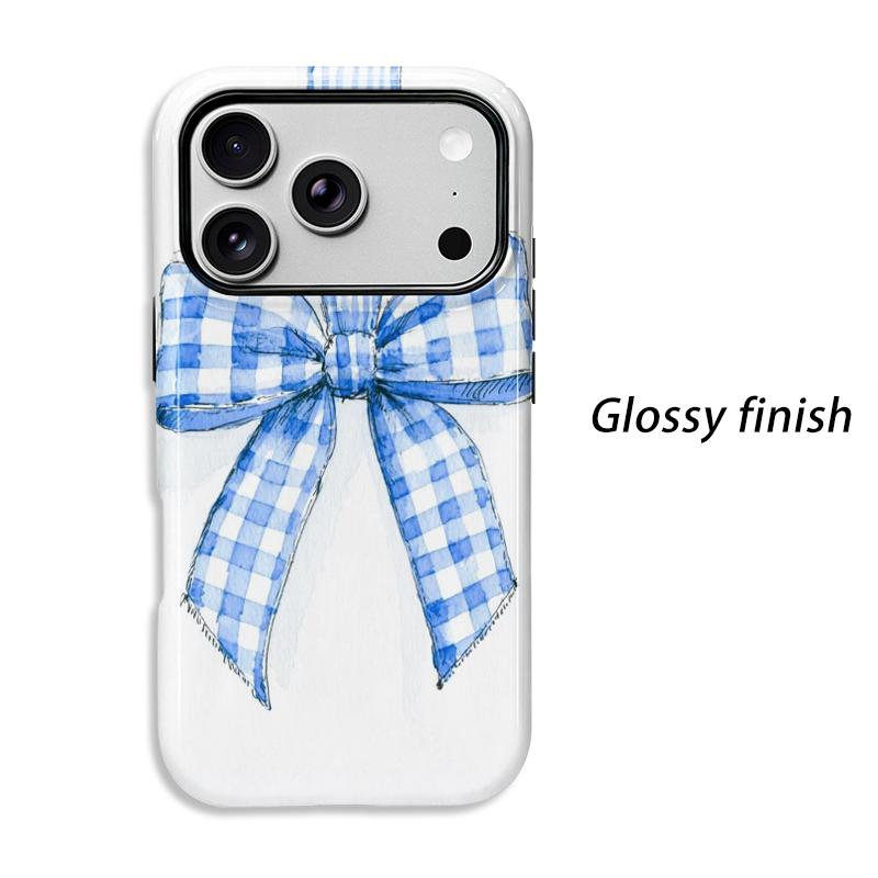 Painted Gingham Bow Blue Watercolor Graphic Art Design Film Aesthetic Protective Shockproof Bumper Phone Case Cover For iPhone 13 15 16 17 ProMax Plus