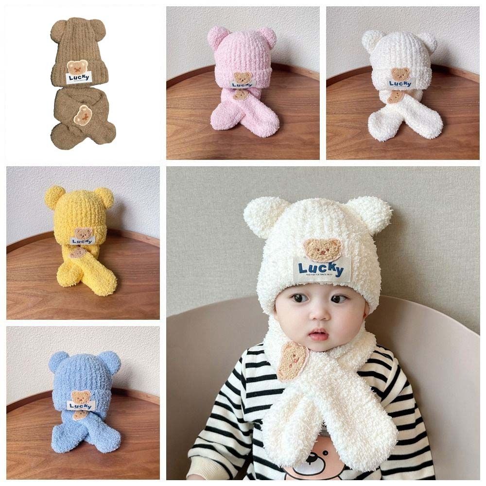 Bear Kids Crochet Hat Solid Color Children's Ear Protection Hat Winter Baby Hat with Scarf  Boys