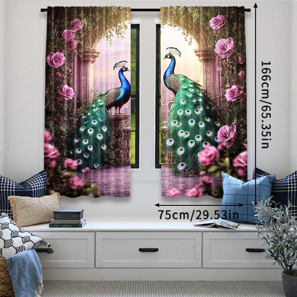 2Pcs Retro Peacock Printed Curtains For Study Room Kitchen Living Room Dorm Room Bedroom Room Decor Home Decor A
