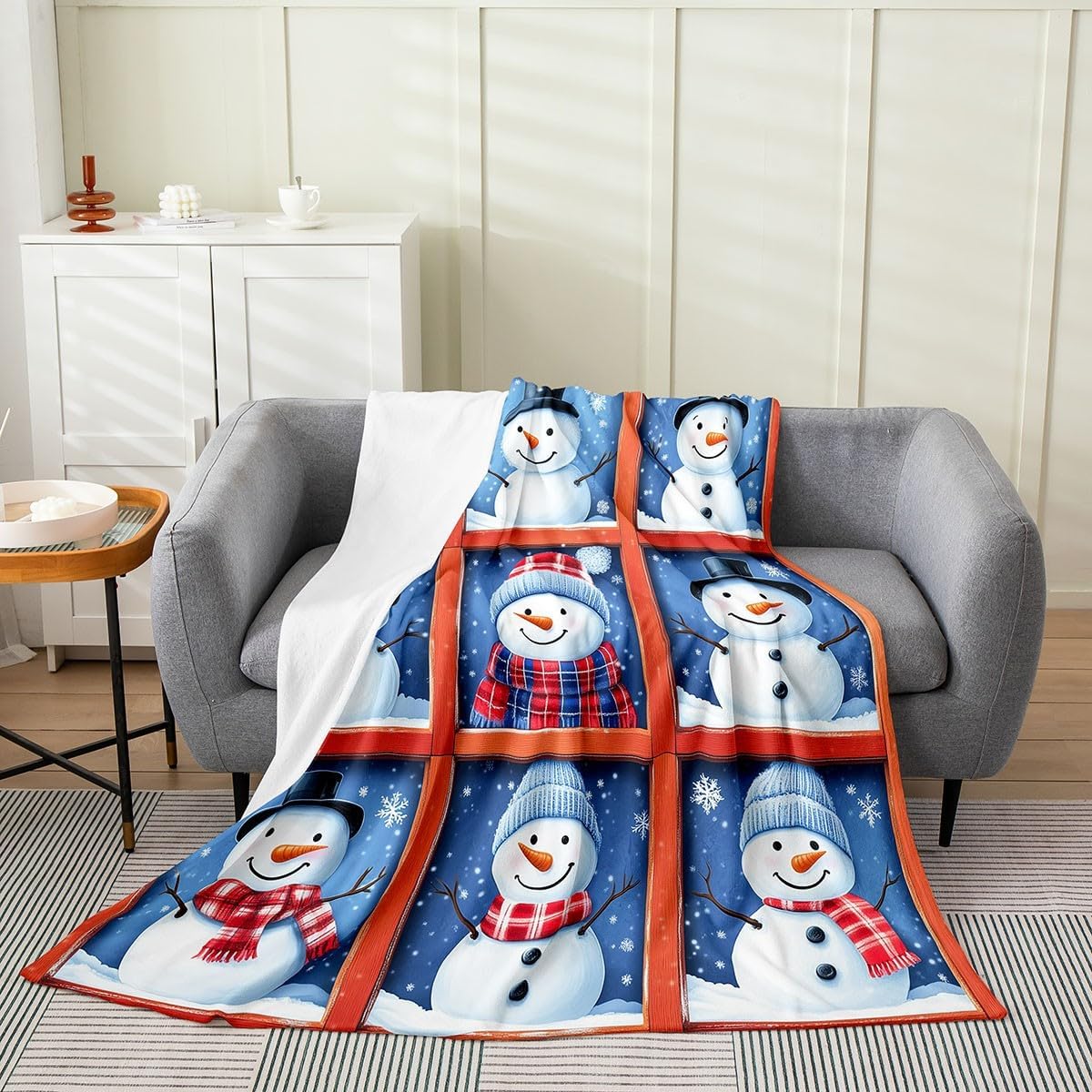 Christmas Flannel Blanket Patchwork Snowman Fleece Blanket,Throw Red Plaid Xmas Decor Fuzzy Plush Throw for Sofa Touch,Cartoon 75X95CM