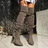 Comemore Women Shoes Suede Pleated Over The Knee High Boots Autumn Winter Sexy Solid Color Round Toe Heeled Thigh High Botas