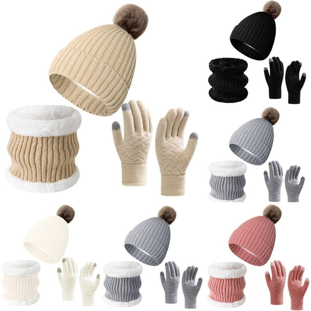 3Pcs/Set Thicken Winter Hat Scarf Gloves Set Plush Lining Touchscreen Gloves for Men Women