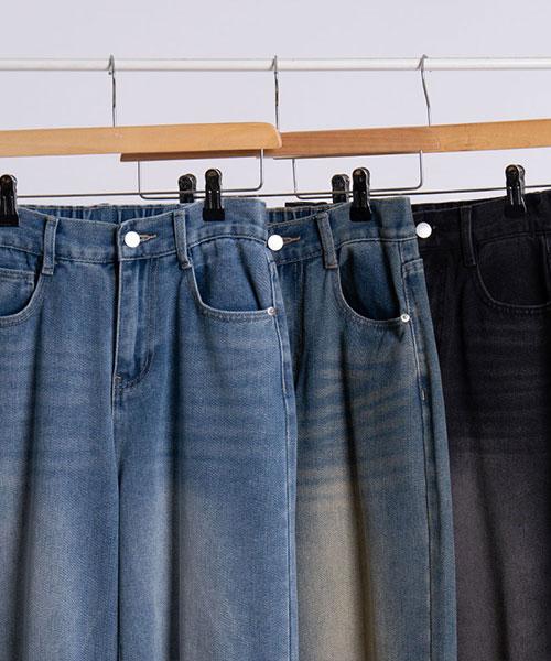 Elleonasi P52_[Short, Standard, Long / S~3Xl / 3 Colors] Half-Elastic Waist Wide Denim Pants / Black Denim