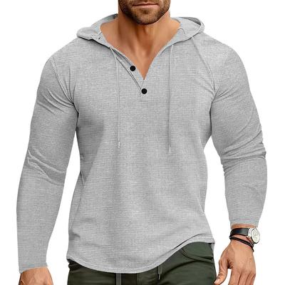 Hooded Slim Long Sleeve T-Shirt Men'S Autumn And Winter Waffle Button V-Neck Casual Bottom Henley Shirt