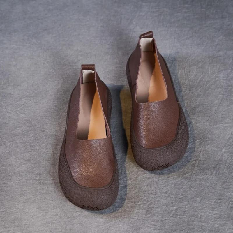 Johnature Retro Genuine Leather Shallow Flats Cowhide Comfortable Soft Soled Women's Slip-on Shoes