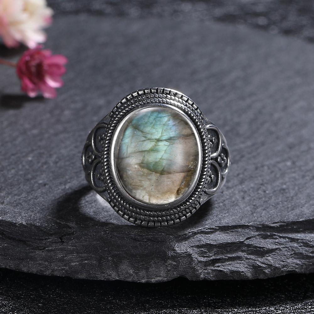 CopperRing for Women Oval Round Natural Labradorite Ring Gift Sun Shaped Retro Luxury Fine Jewelry