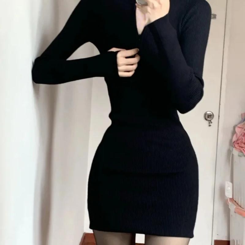 QWEEK Μαύρο Bodycon Πλεκτό Φόρεμα Γυναικείο Σέξι Κρουαζέ Στενό Κοντό Φόρεμα 2022 Φθινόπωρο Φθινόπωρο Μονόχρωμο Σύνολο Ρόμπες Γυναικείο