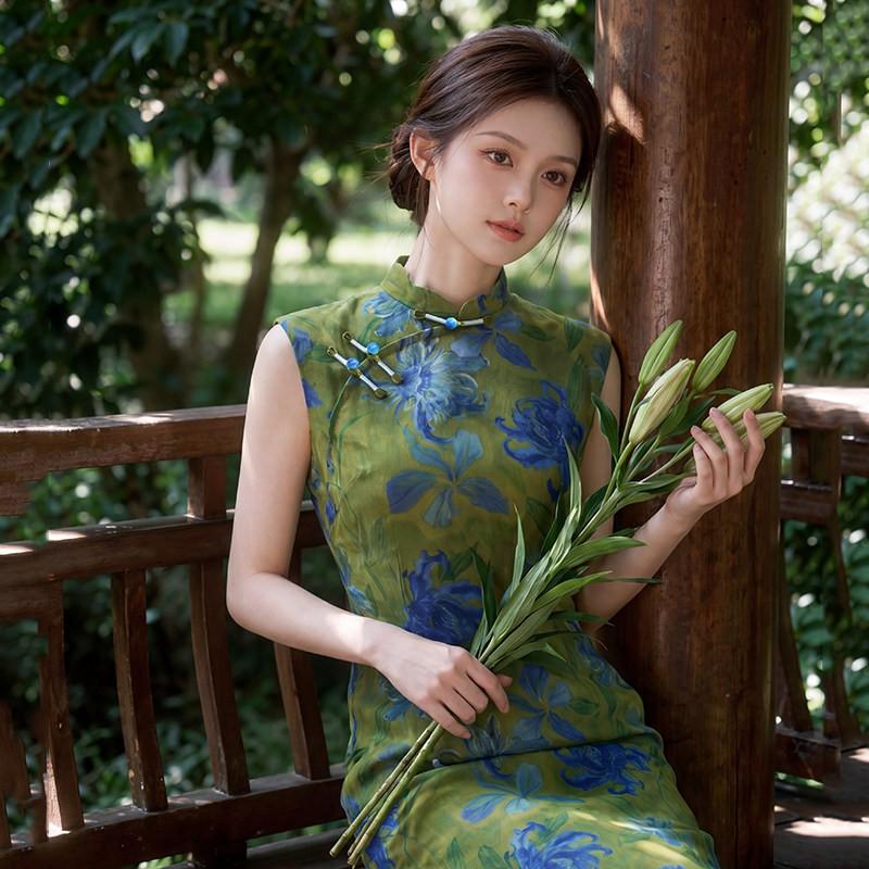 Green Sleeveless Modern Chinese-Inspired Long Cheongsam Dress 2026 Womens Elegant Vintage Style