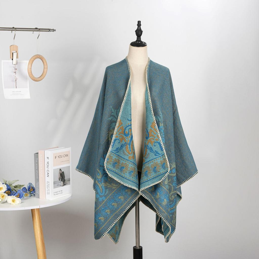 Double-Sided Imitation Cashmere Jacquard Split Women'S Shawl Warm Thickened Shawl Air-Conditioned Room Travel Cloak