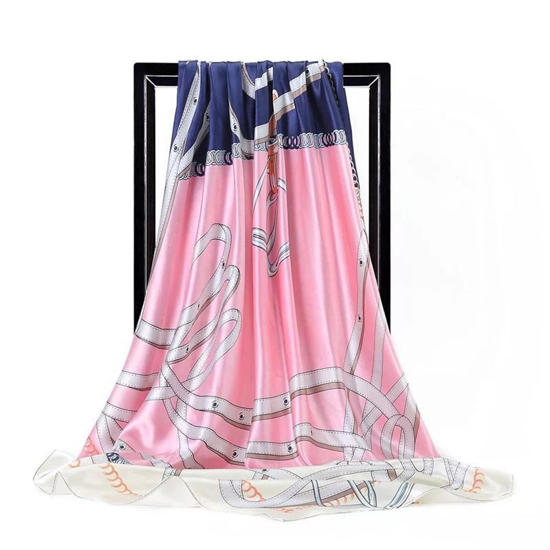 Scarves 90*90Cm Women Print Twil Hair Neck Square Silk Scarf Office Lady Shawl Bandana 90X90Cm Muslim Hijab Handkerchief Korean