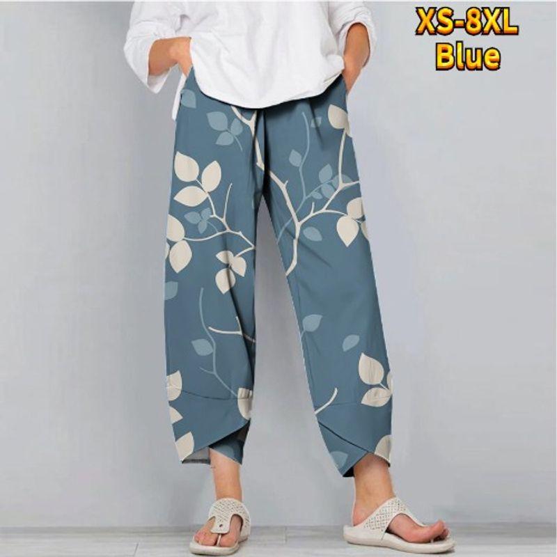

Plus Size Women s Clothing Fashion Autumn New Fashion Leaves Print Loose Fashion Casual Fashion Casual Elastic Waist Casual Eighth Pants Blue L