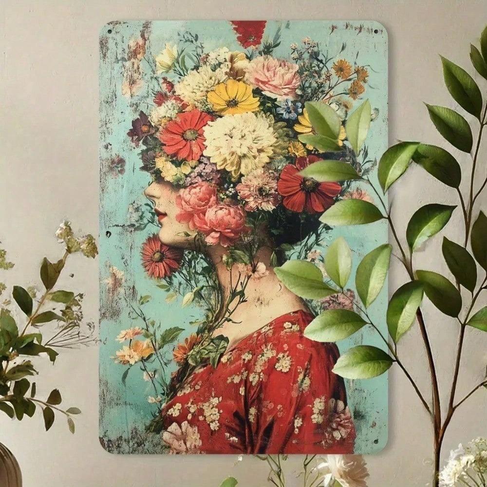 Vintage Woman Flowers Metal Poster Wall Art Garden Home Decor