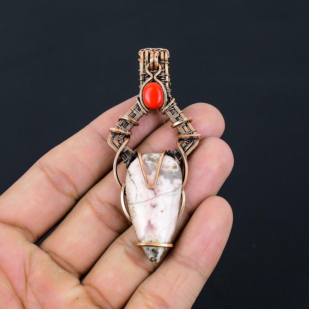 Rhodochrosite, Coral Gemstone Pure Copper Wire Wrapped Handmade Pendant Jewelry