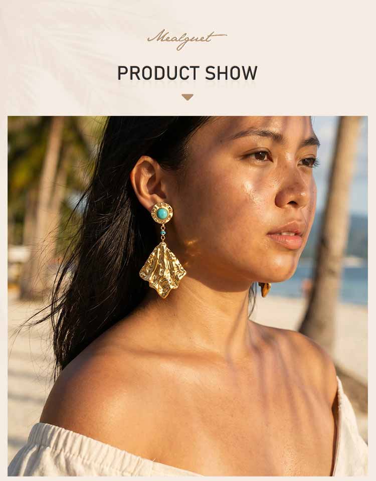 Vintage Drop Earrings 18K Gold Plated Stainless Steel Irregular Geometric Hammered Turquoise Dangle Ear Jewelry One Pair