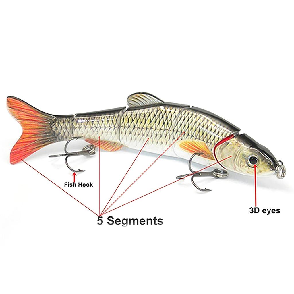 5 Segments Fishing Lure Crank Bait Hooks 3D Eyes Fish Shape Tackle Tool