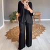 Satin Two Piece Outfits for Women Oversize V-neck Half Sleeve Top And Wide Leg Pants Set Casual Loose Lounge Suit