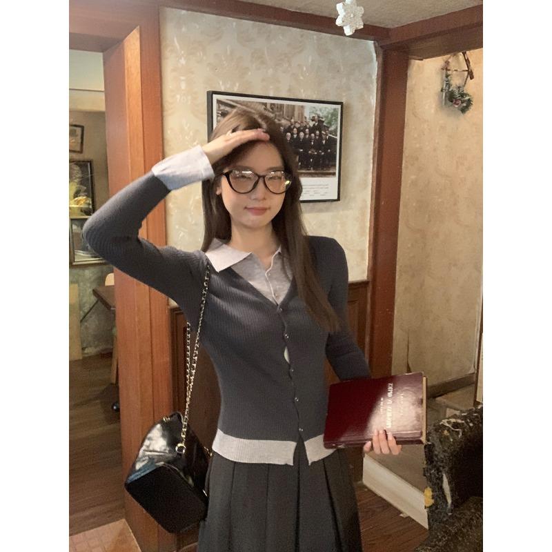 

Поддельная двухкомпонентная трикотажная женская рубашка-поло с лацканами в стиле пэчворк с уникальным дизайном и тонким верхом на осень и зиму XL