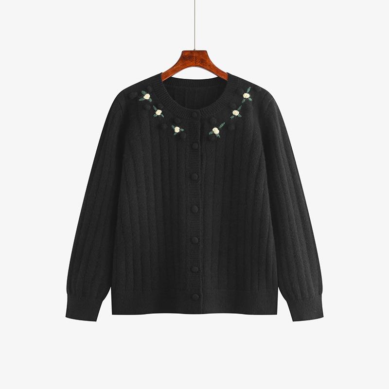 Större Storlek Tre-dimensionella Blommor Toppar Damtröja Höst och Vinter Casual Stickad Cardigan Ytterplagg