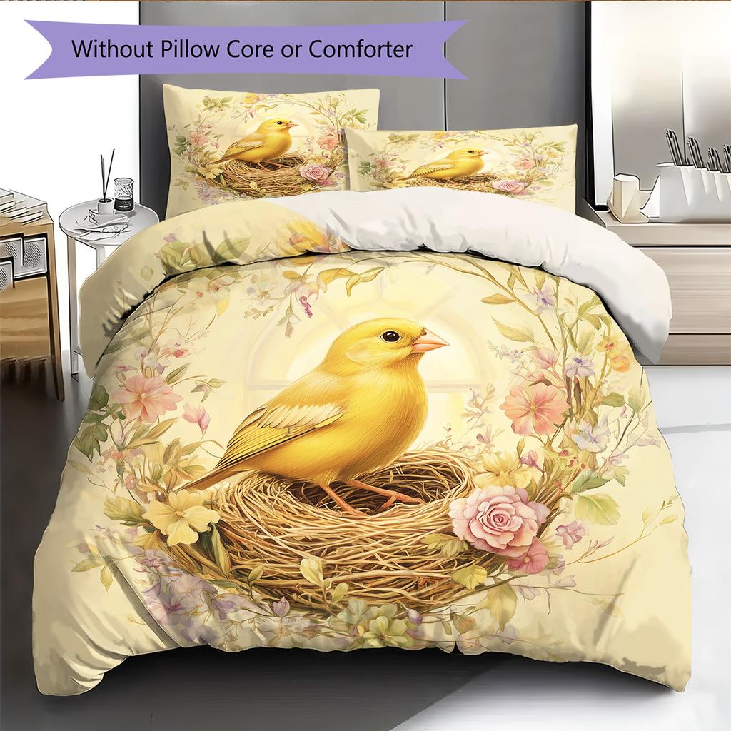 Bird's Nest with Flower Wreath  Pattern Bedding Quilt Set  Home Decoration  Gift (1 * duvet cover + 2 * pillowcase, without core)