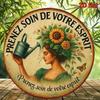 Vintage Franse Zorg Voor Je Geest 8 Inch Rond Blikken Bord Botanische Gieter Bladwerk Wanddecoratie Plaquette