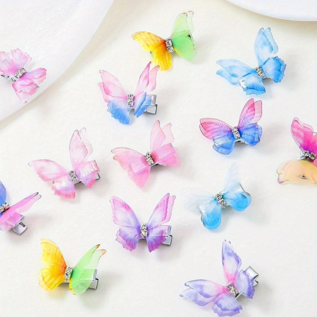 10pcs Colorful Gradient Double-layer Organza Butterfly Hair Clips with Rhinestones, Cute Princess Hair Accessories