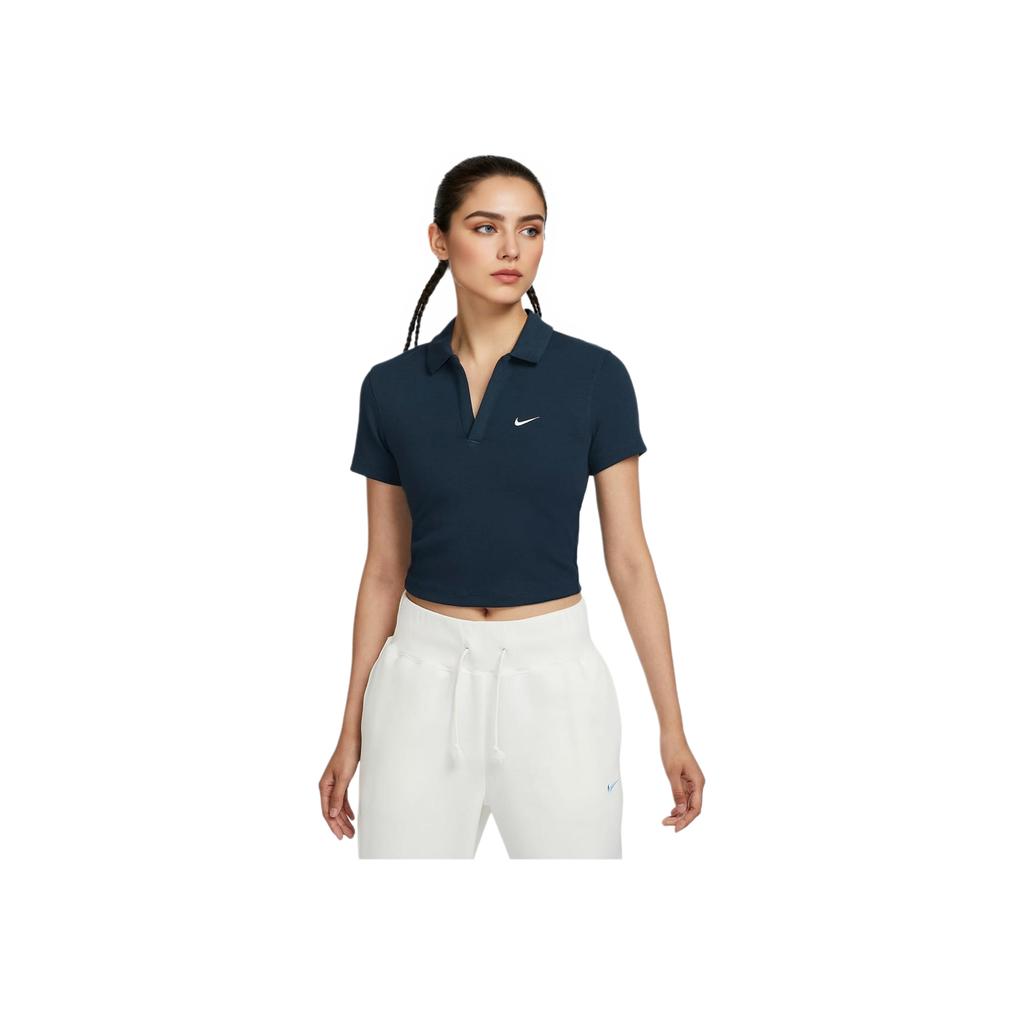 Nike Sportswear Essentials Series Embroidered Logo Short Slim Fit Polo Shirt Women Polo Shirts Deep-Sea-Blue Sail DV7885478
