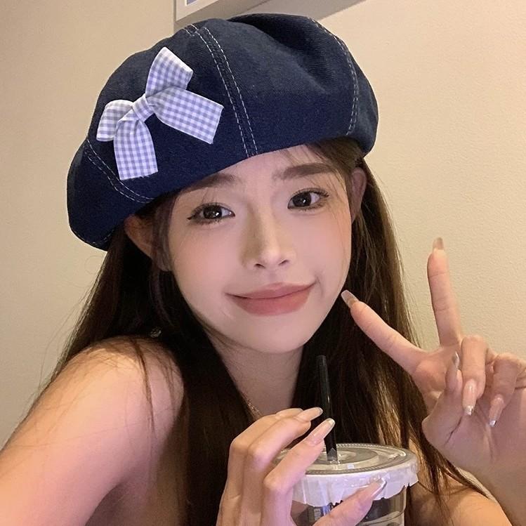 Japanese Sweet Bow Cowboy Beret Children Spring And Summer Face Small Casual Versatile Art Student Octagonal Hat