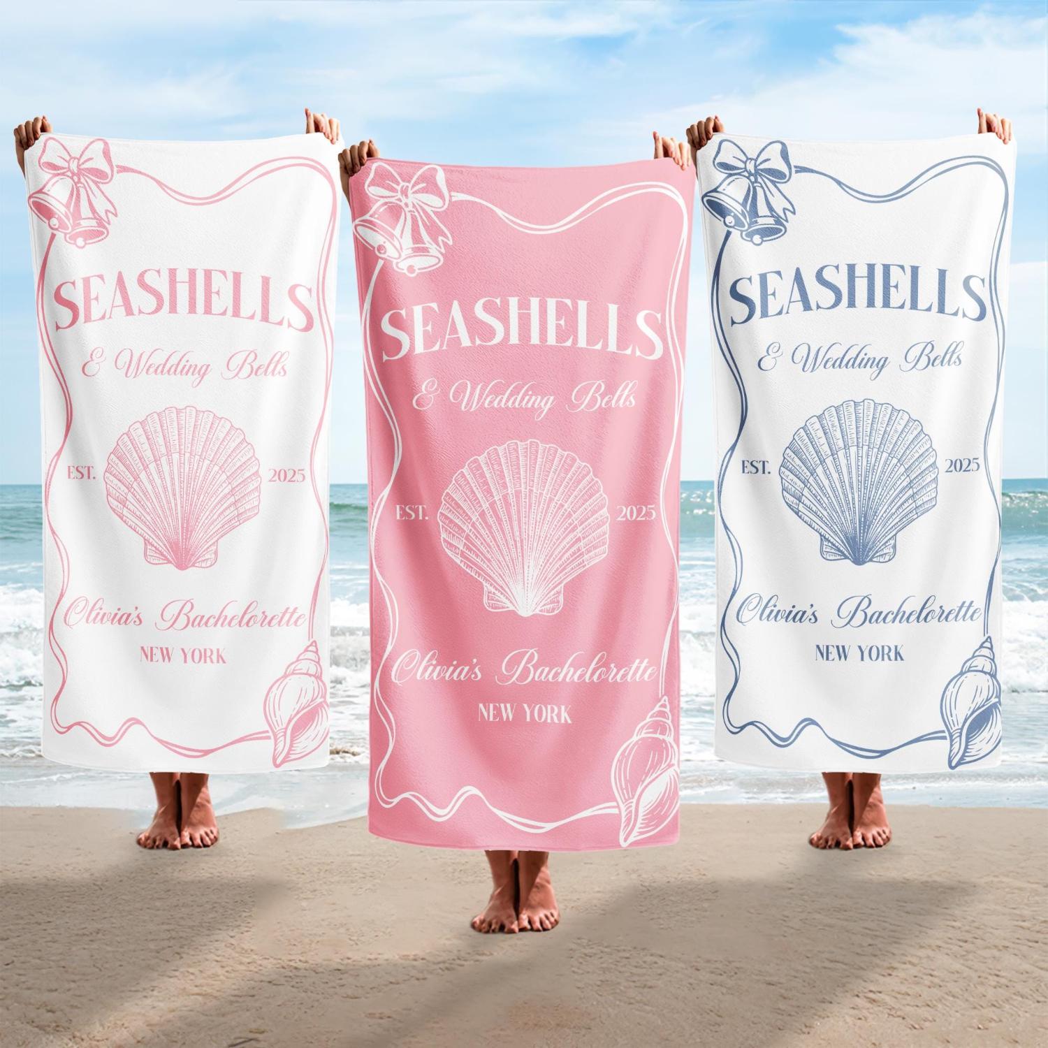 Ka Chen Muda White Seashell & Wedding Bells Beach Towel, Bachelorette Party Print Quick-Dry Towel For Beach, Bridal Events And Summer Celebr