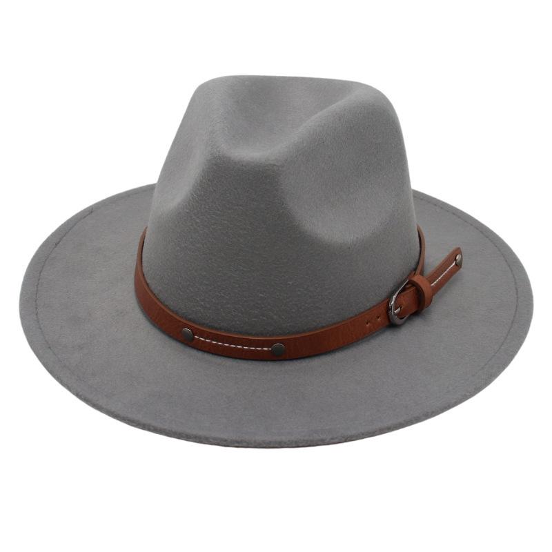 Big Edge Top Hat Belt Buckle Jazz Hat Men'S And Women'S Felt Hat Street Shooting Gambler Hat Concave Fedora Hat Tide