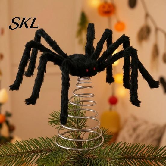 Decorative Spider for Trees Halloween Tree Topper, Spooky Large Black Furry Creative Props Ornament with Spiral Base Home Party Haunted House Supplies