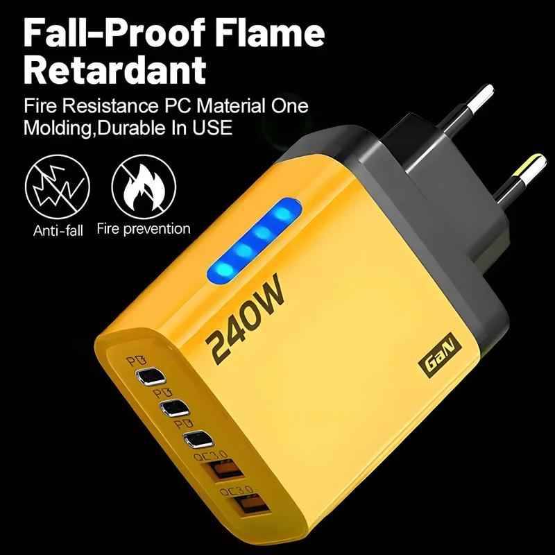 GaN Fast Charger 240W 5 Ports PD Quick Charge 3.0 2USB 3Type C For iPhone 15 16 17 Samsung Xiaomi Huawei Tablet EU US UK Plug