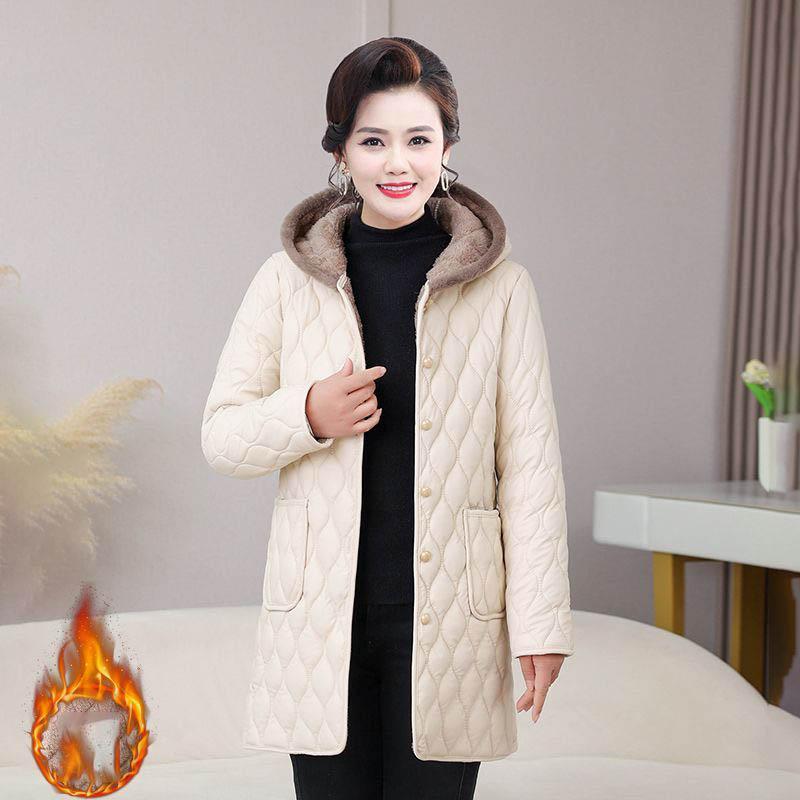 Women Middle-aged Cotton-padded Jacket with Hood and Thickened Velvet for Mid-length