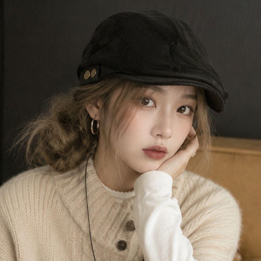 Metal Button Newsboy Cap Slim Face Painter Beret Casual Beret Cap Winter