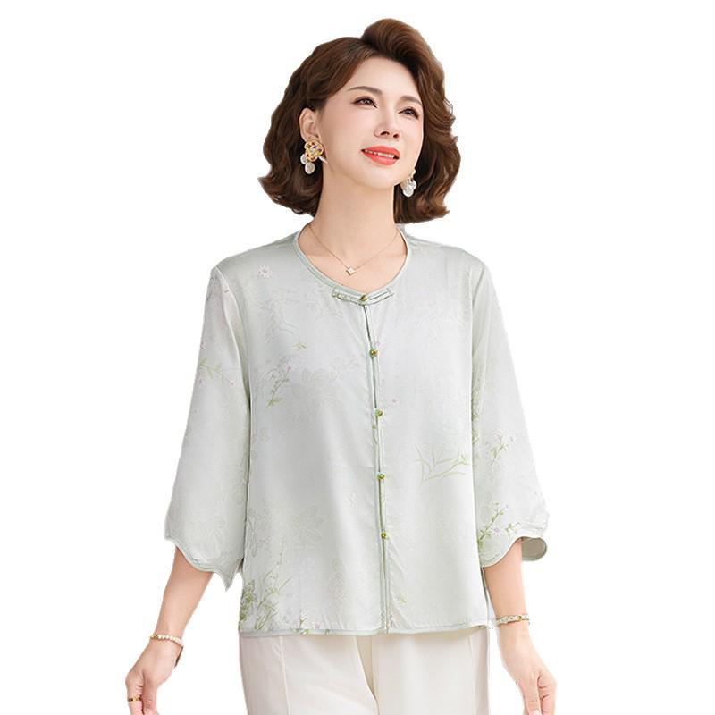 Summer 2026 Imitation Silk Short-Sleeve Blouse - Fashionable Plus Size for Middle-Aged & Elderly Moms