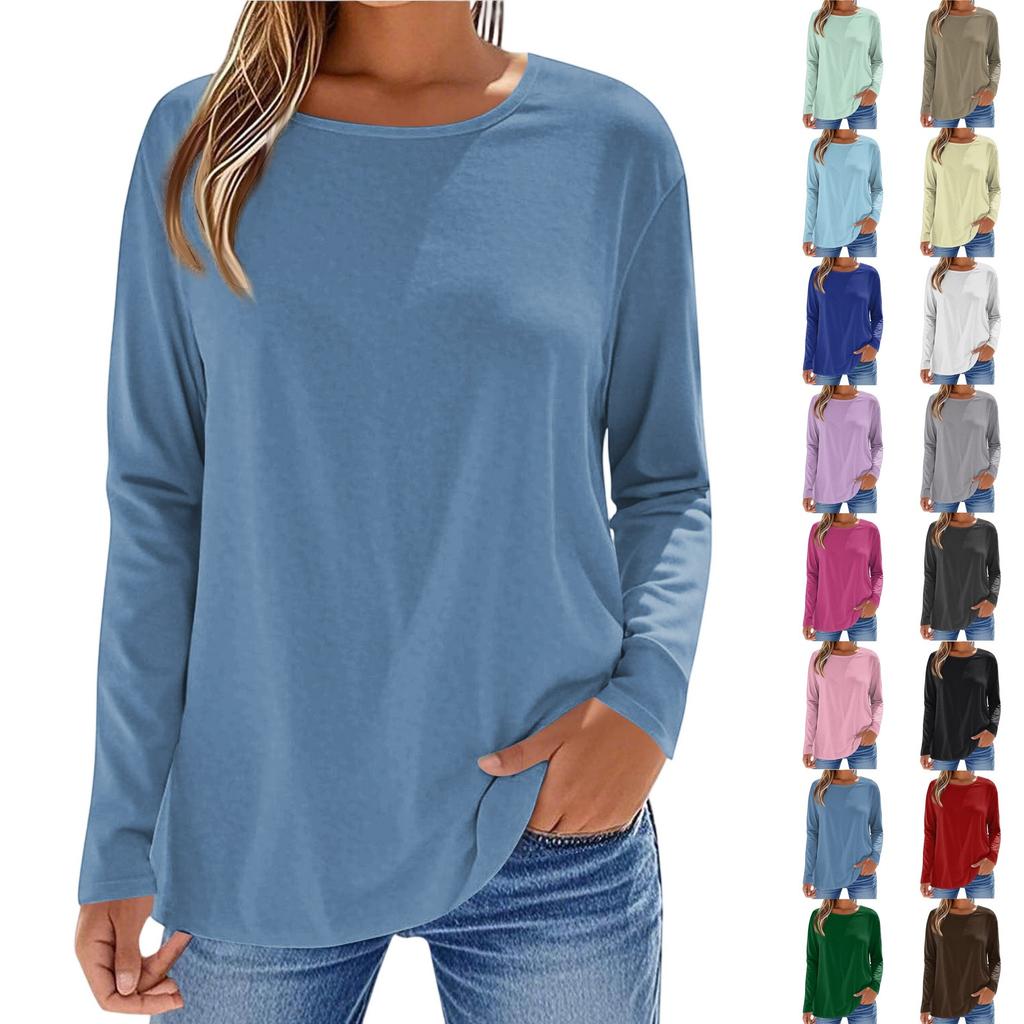 Women's Fashionable Casual Color Long Sleeved Round Neck Top Round Neck Top