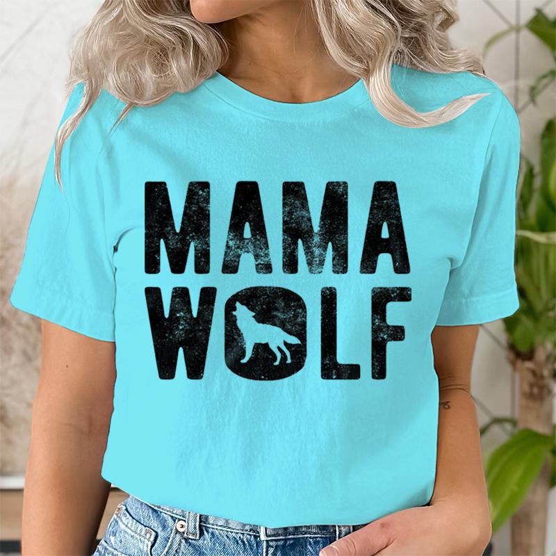 Mama Wolf Print T Shirt for Women Kawaii Graphic Shirts Casual Short Sleeved Black Vintage Female Tee O-neck Harajuku T-shirts