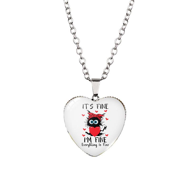 Elegant I'm Fine Everything Is Fine Heart Shaped Pendant Necklace With Adorable Vintage Black Cat Detail Ideal For Everyday Use