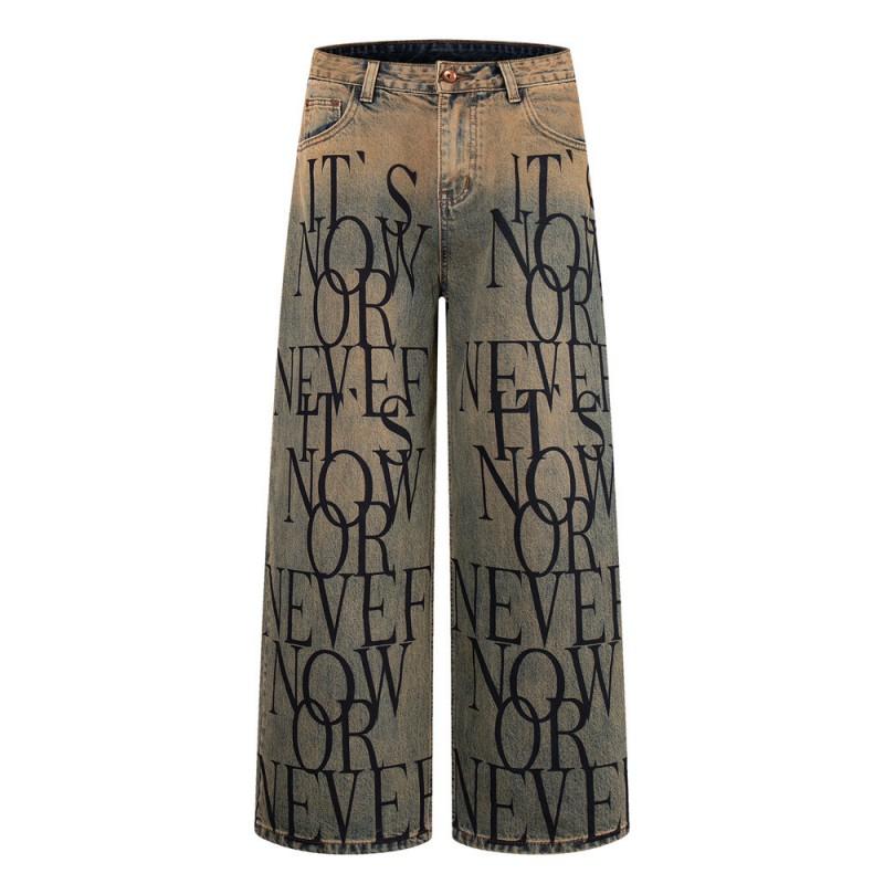 Mens Distressed Letter Print Loose Straight Leg Jeans Streetwear Wide Denim Pants