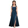 Robe de Soirée Satinée Fleurie pour Fille Sans Manches Corsage Froncé Taille Basse Asymétrique Robe Coupe A Ligne Fente Latérale pour Mariage Baptême