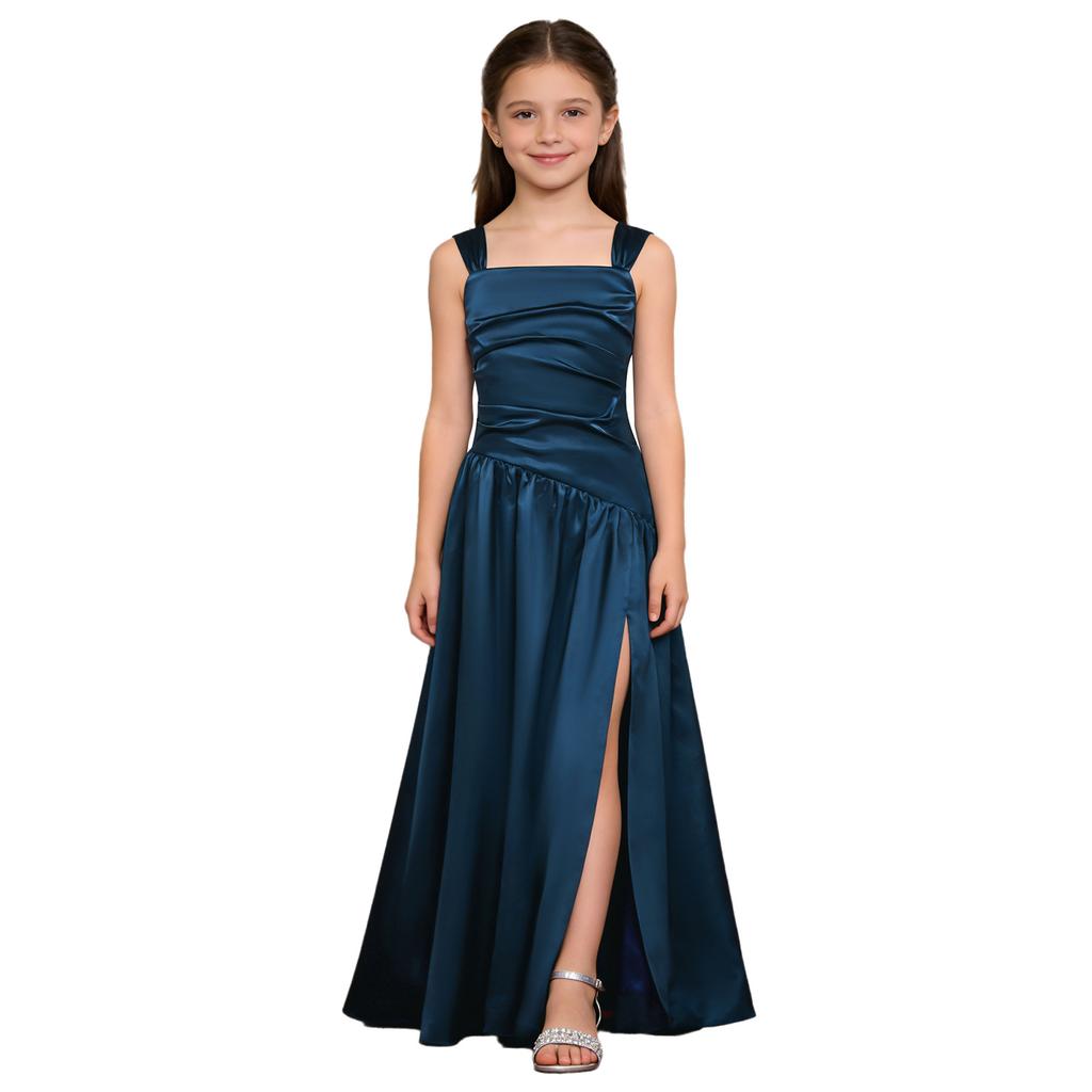 Robe de Soirée Satinée Fleurie pour Fille Sans Manches Corsage Froncé Taille Basse Asymétrique Robe Coupe A Ligne Fente Latérale pour Mariage Baptême