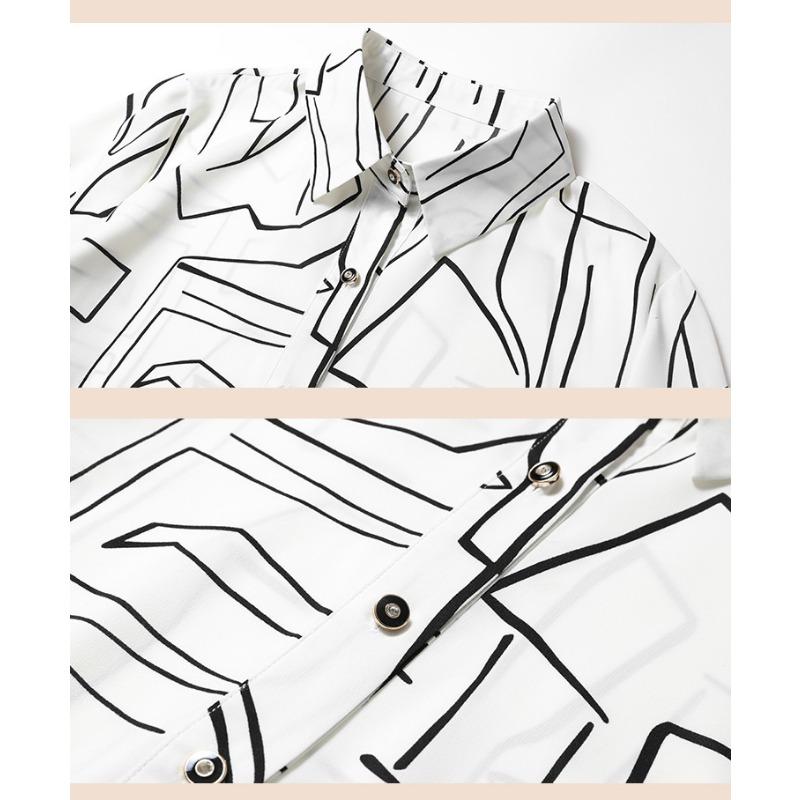Damen Frühlings Weiß Schwarz Geometrischer Druck Hemd Revers Langarm Satin Arbeits Oberteil