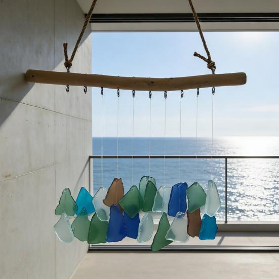 Sea Glass Wind Chime for Outside Handmade Coastal Style Blue Seaglass Art for Indoor Outdoor Garden Home Decor Housewarming Gift for Women