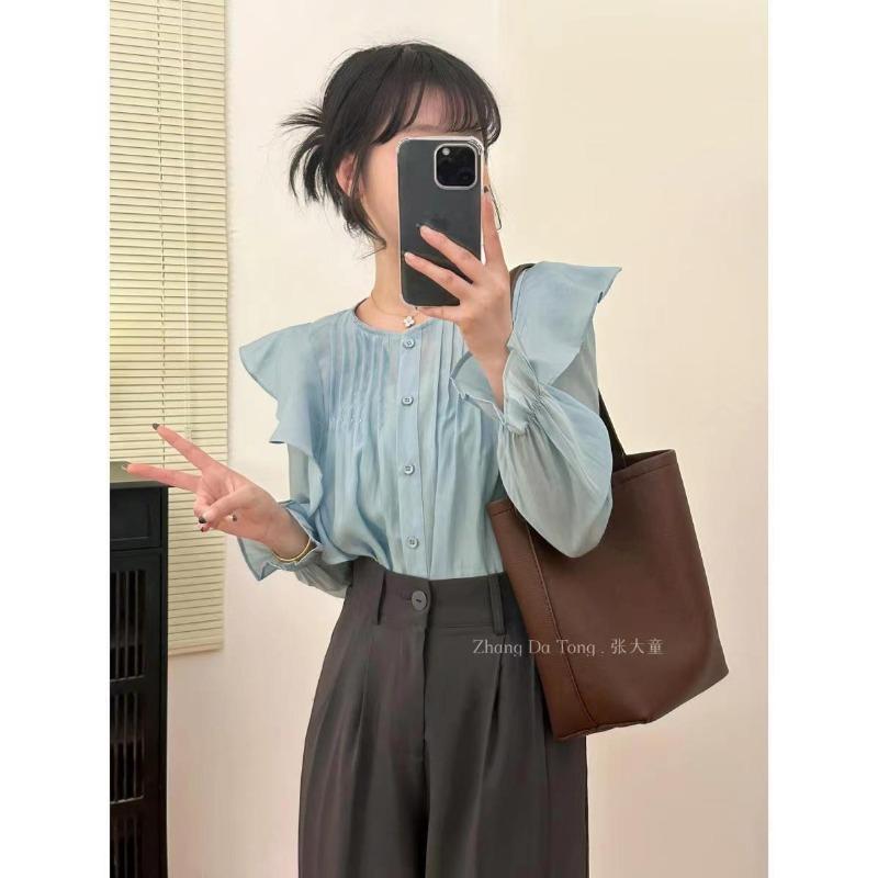 

Рубашка с рукавами-фонариками и оборками, высококачественный, легкий, роскошный, милый топ для женщин, весна-осень, нежный корейский стиль S синий