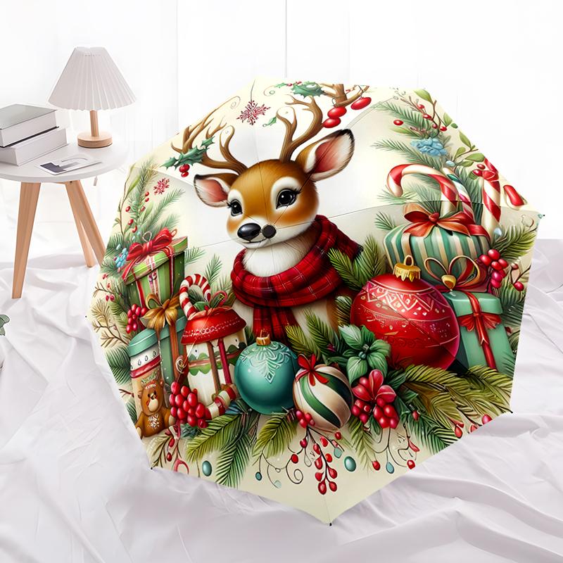 Christmas Reindeer Folding Umbrella-Fashionable Auto-Open Design 8 Iron Ribs Plastic Handle Foldable Sunshade,Perfect Gifts