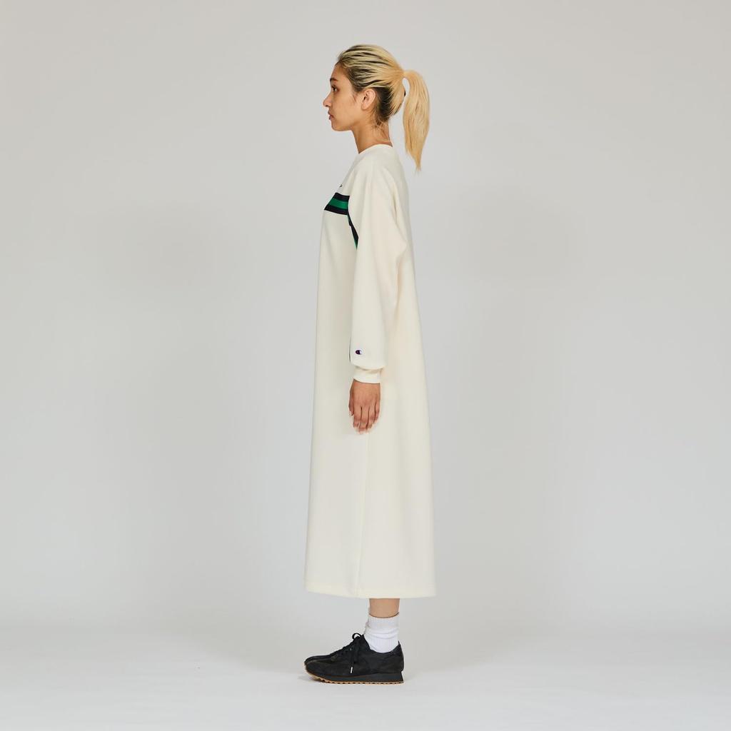 Champion Shirt Long Crew Pale White Dress, Sleeve, Neck, One-Point Embroidery, One-Piece Dress, Women's Basic, CW-B004,