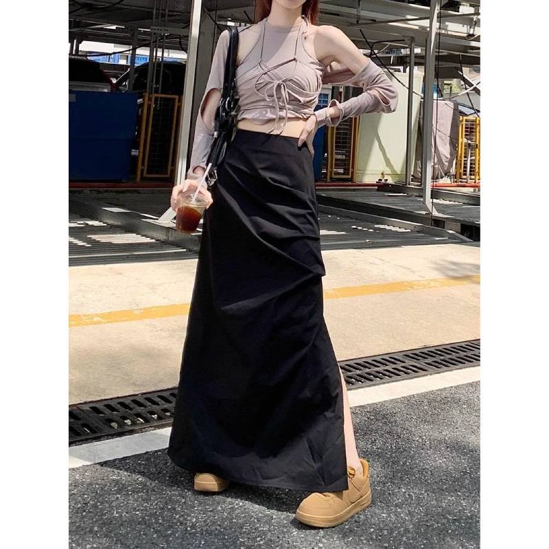 Cotton Blend High Waist Pleated Split Midi Skirt For Women Spring Summer