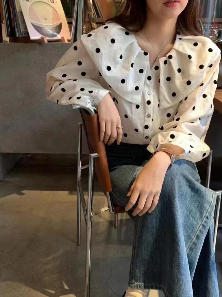 Women's Sweet Polka Dot Long-Sleeve Color Block Shirt, 2026 Spring Korean Style, Single-Breasted with Doll Collar