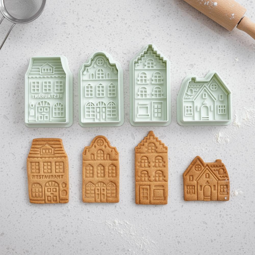 4 Piece 3D Embossed Christmas Gingerbread House Cookie Cutter Spring Press Design Cartoon Fondant Molds Green Plastic