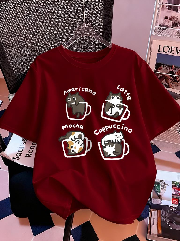 Cat Coffee Art Letter Printing TShirts Womens Summer Cotton Short Sleeve Tops ONeck Soft Loose T Shirt Casual Womans Clothes
